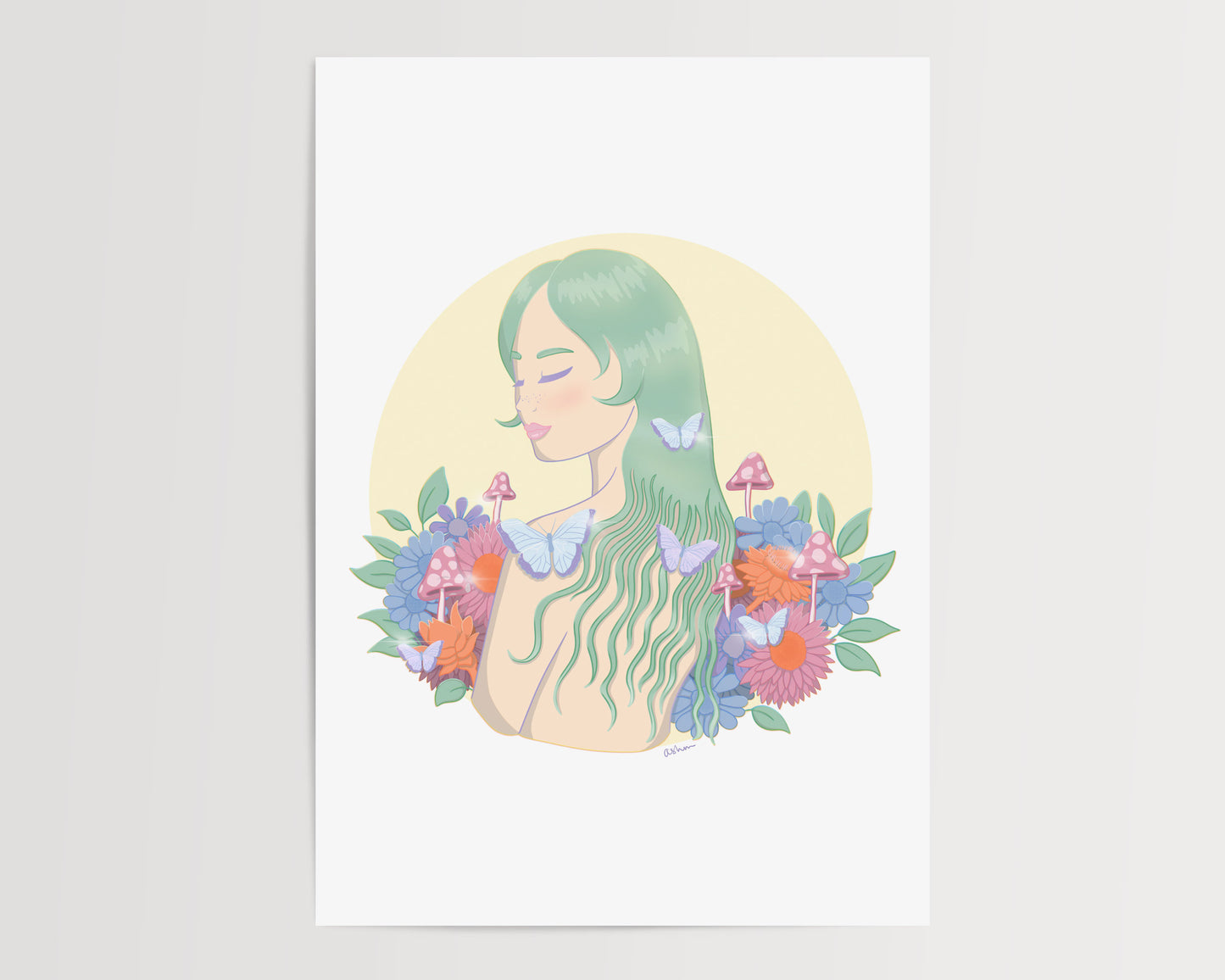 Illustration of a woman with long green hair, surrounded by flowers and mushrooms and butterflies. The print is unframed on a white background. 