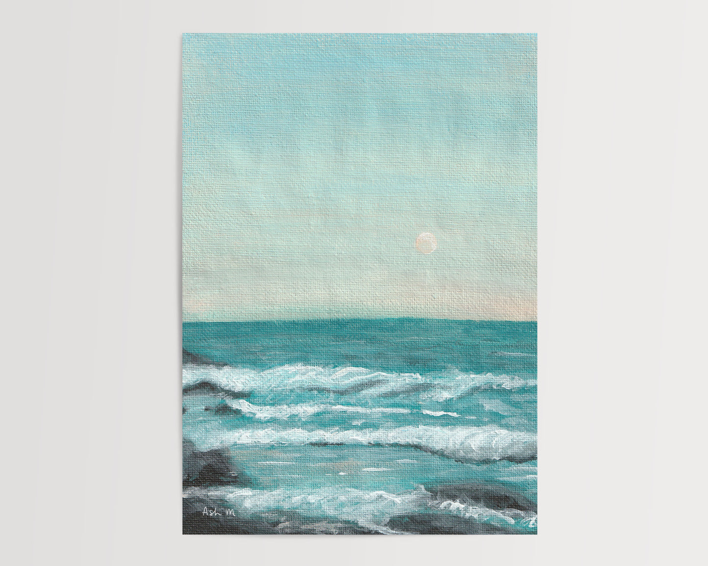 Painting of a serene ocean scene with waves and a moonlit sky.
