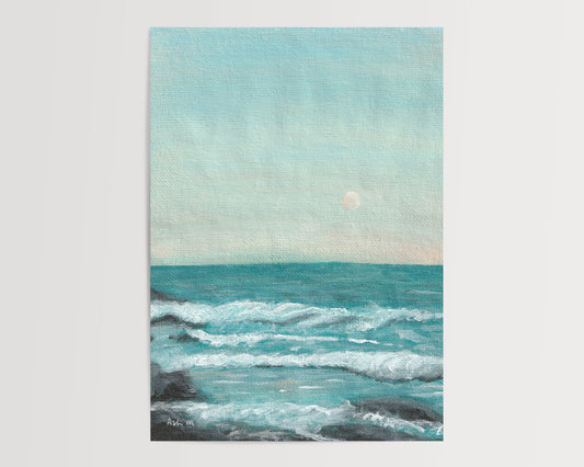 Painting of a serene ocean scene with waves and a moonlit sky.