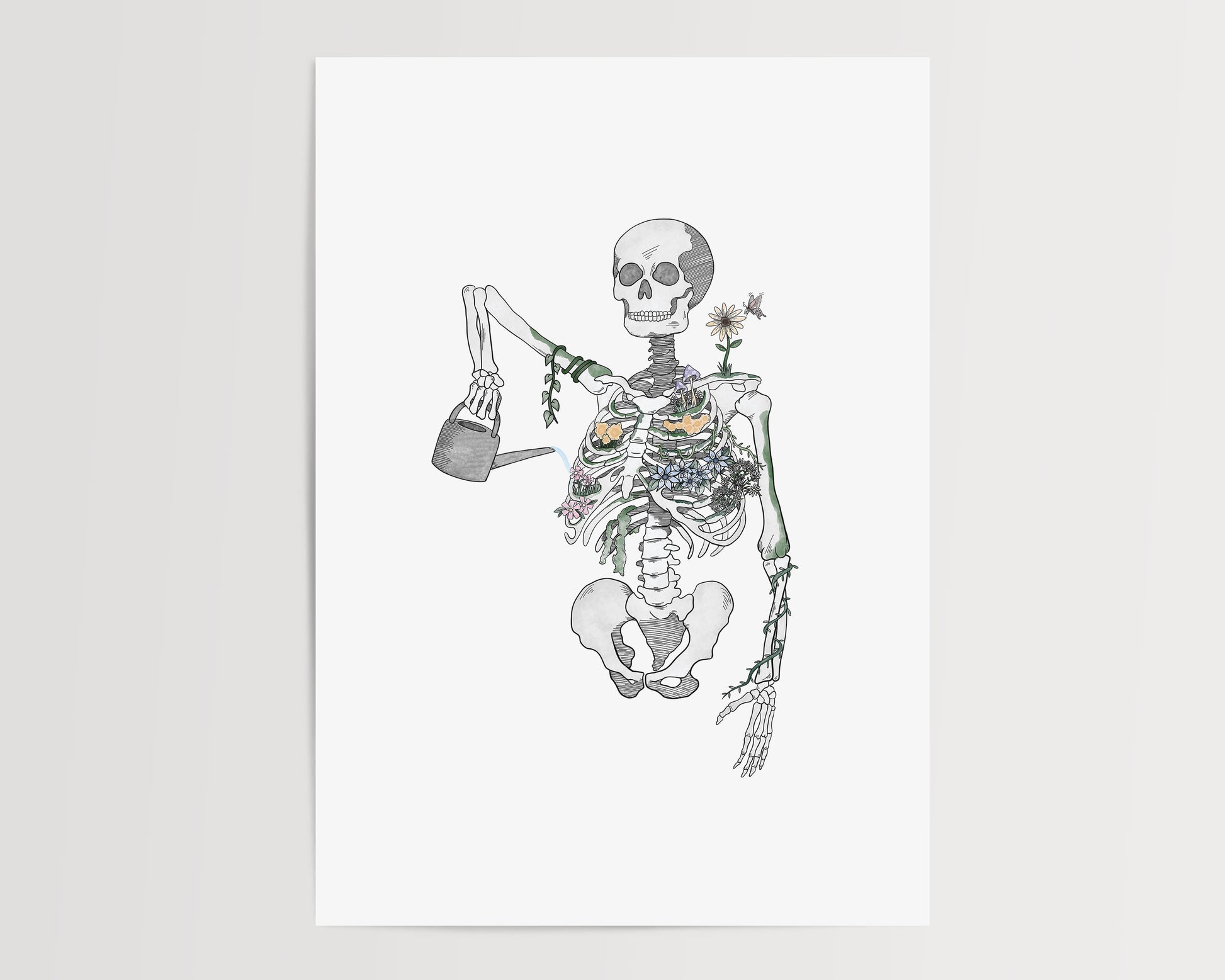 Skeletal design with flowers and a watering can on a white background